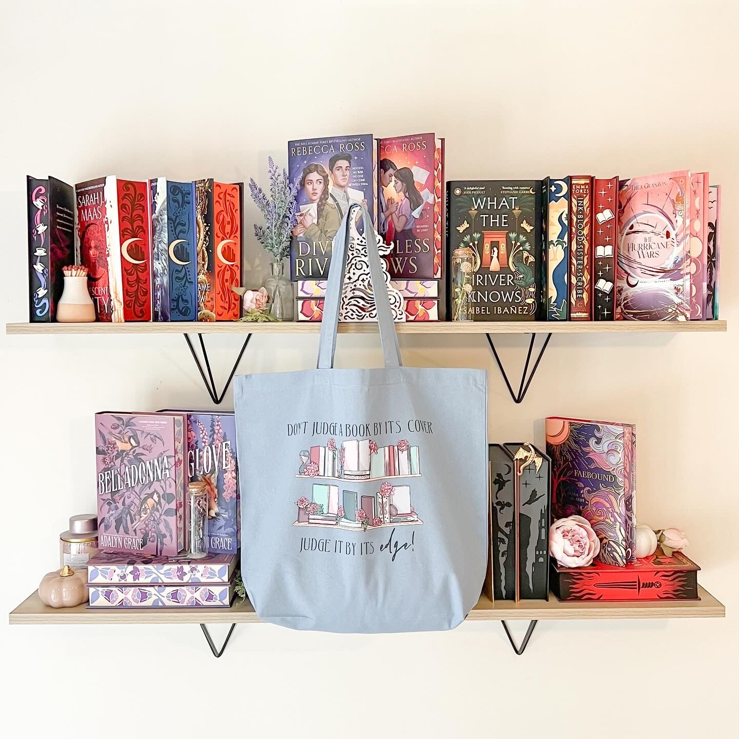 Dusky blue ‘Judge a book by its edge’ large 100% organic cotton tote bag