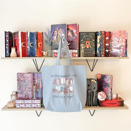 Dusky blue  ‘Judge a book by its edge’ large 100% organic cotton tote bag
