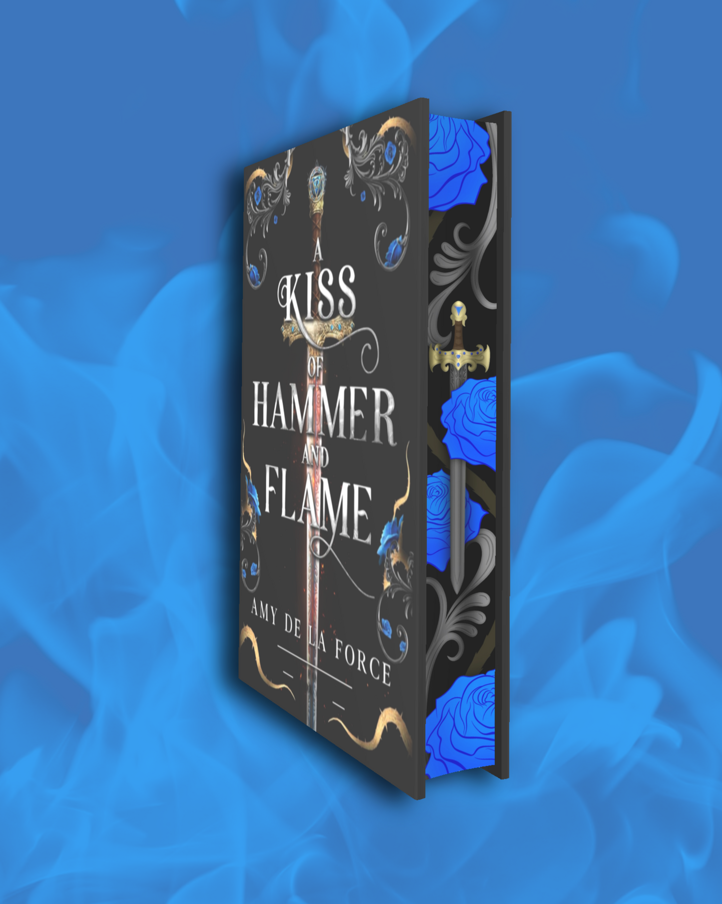 Book titled 'A Kiss, a Hammer, and a Flame' with decorative design on a blue flame background